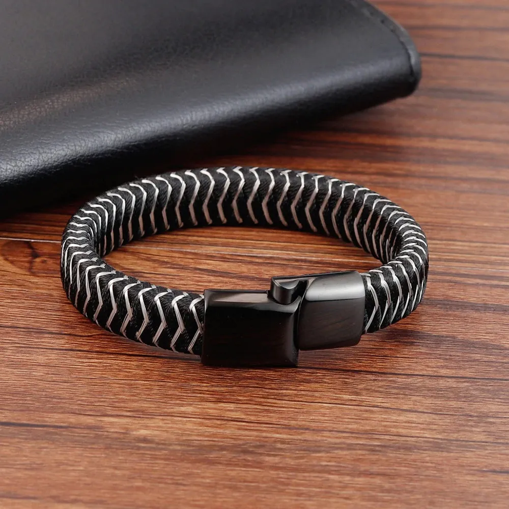 Black Leather Stainless Steel Threading Magnetic Bracelet