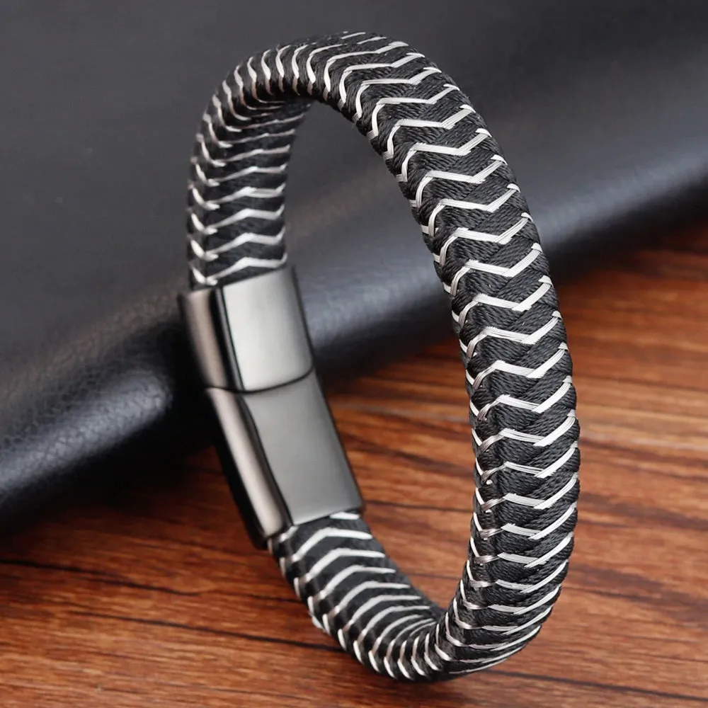 Black Leather Stainless Steel Threading Magnetic Bracelet