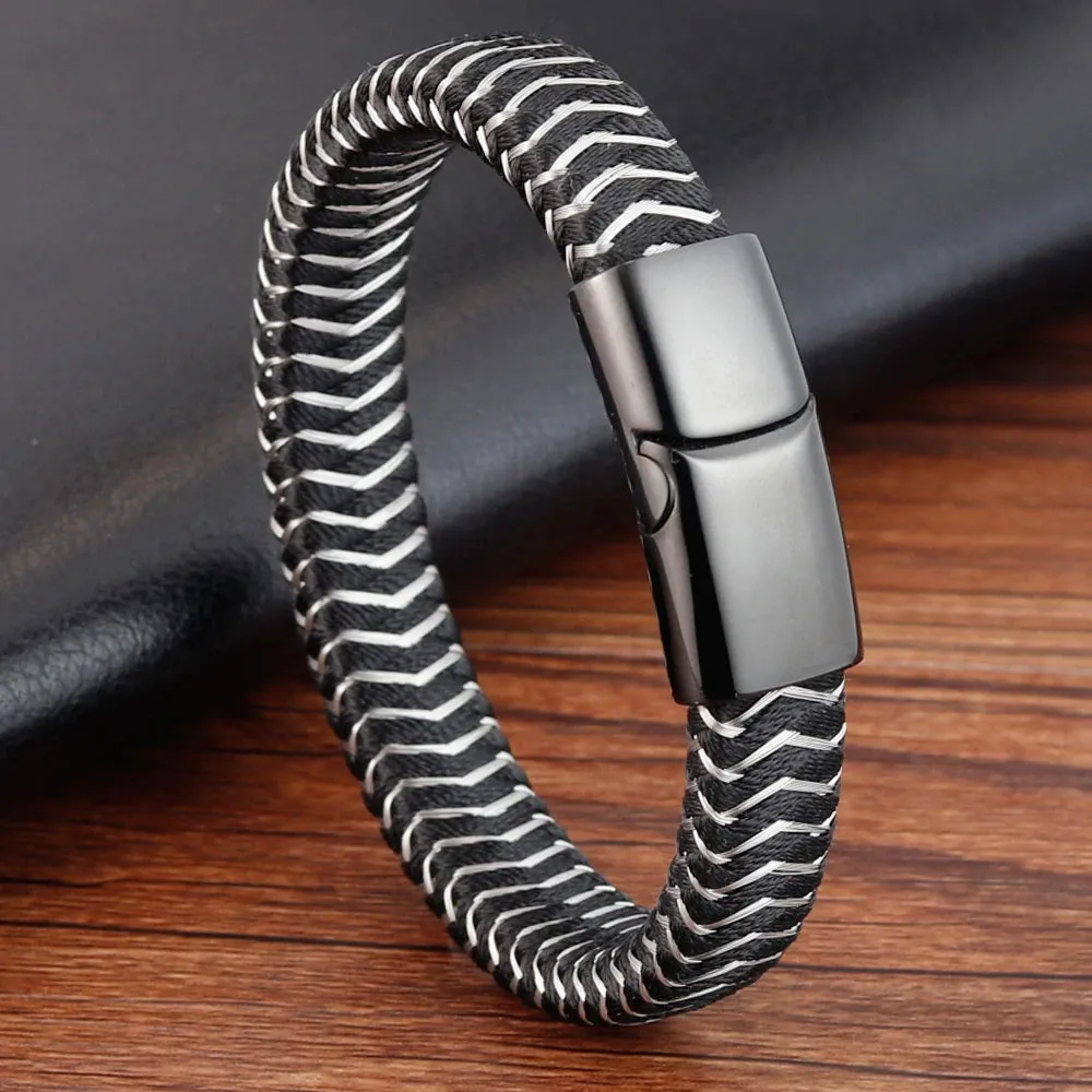 Black Leather Stainless Steel Threading Magnetic Bracelet