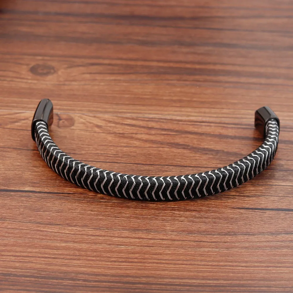 Black Leather Stainless Steel Threading Magnetic Bracelet