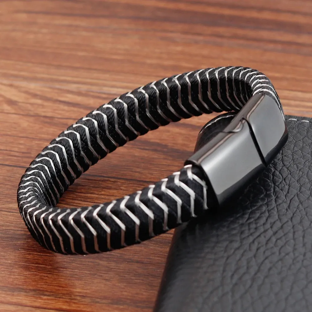 Black Leather Stainless Steel Threading Magnetic Bracelet