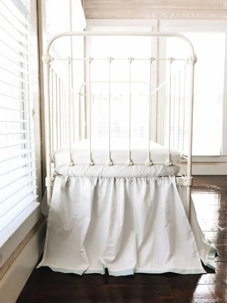 Farmhouse Tailored Crib Skirt in White and Mist