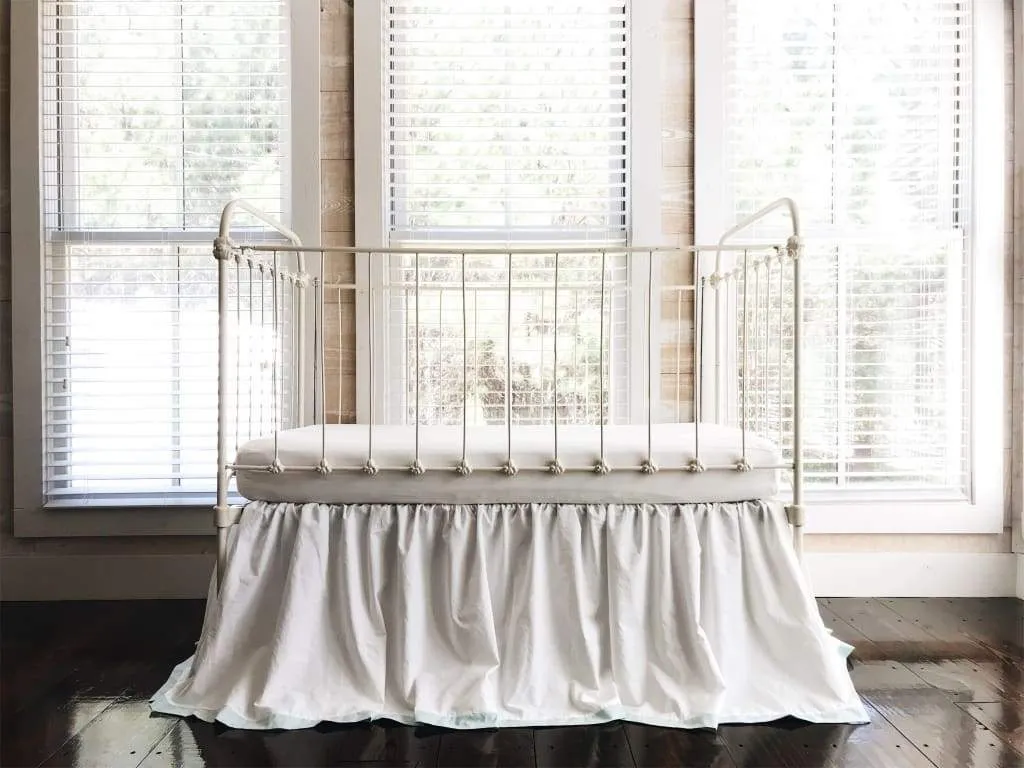 Farmhouse Tailored Crib Skirt in White and Mist