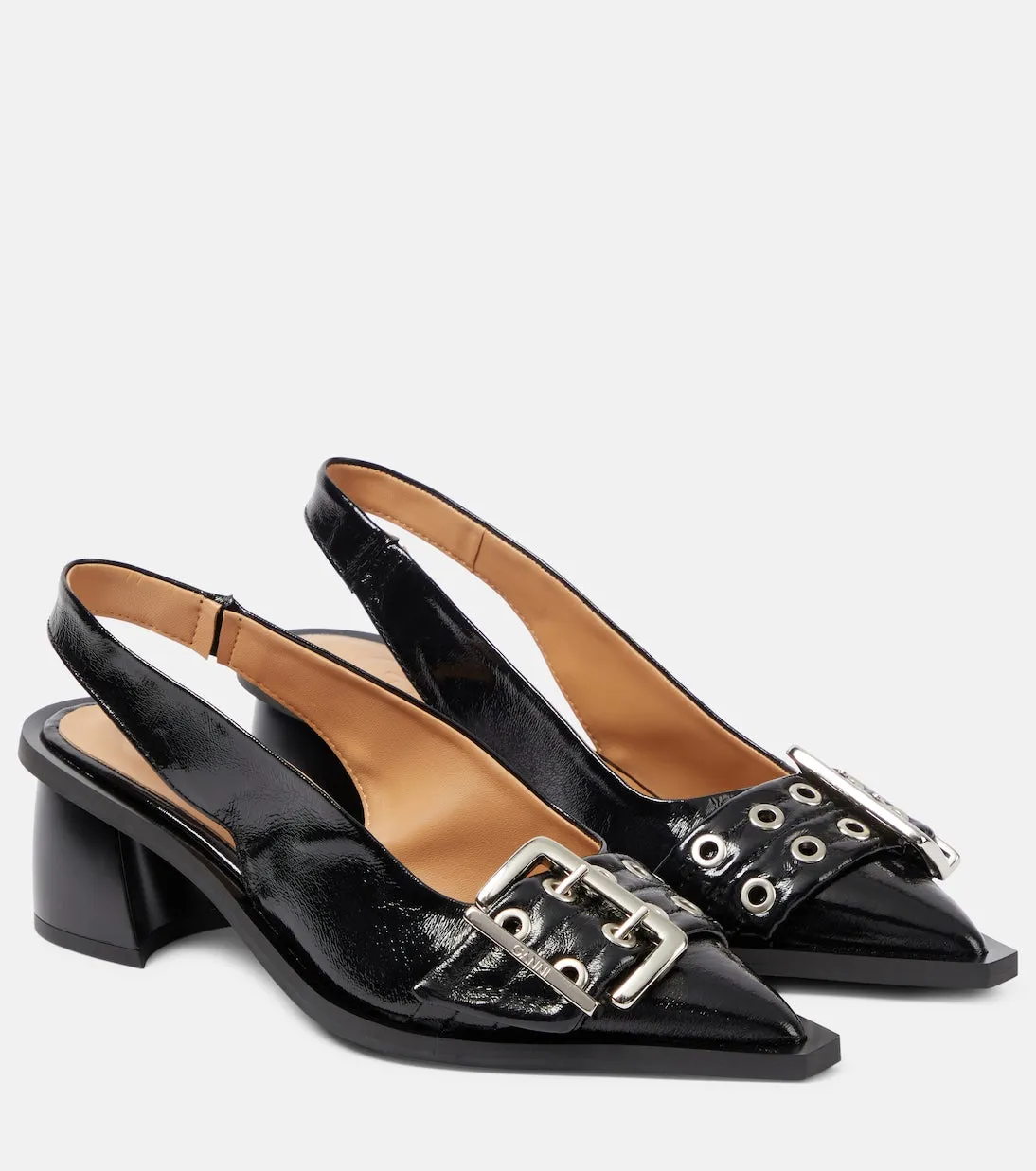 Ganni Faux Leather Slingback Shoes, Black
