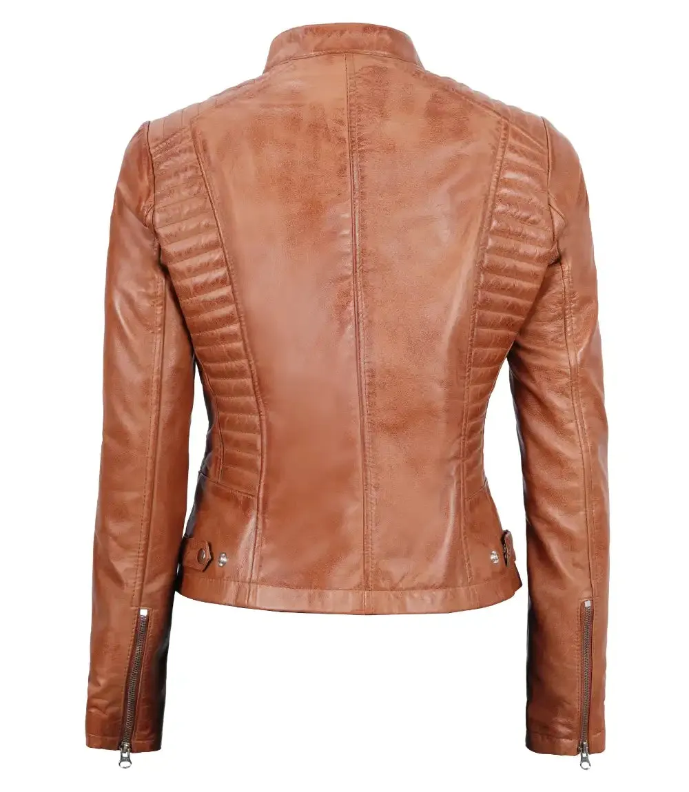 Rachel Womens Tall Tan Cafe Racer Leather Jacket