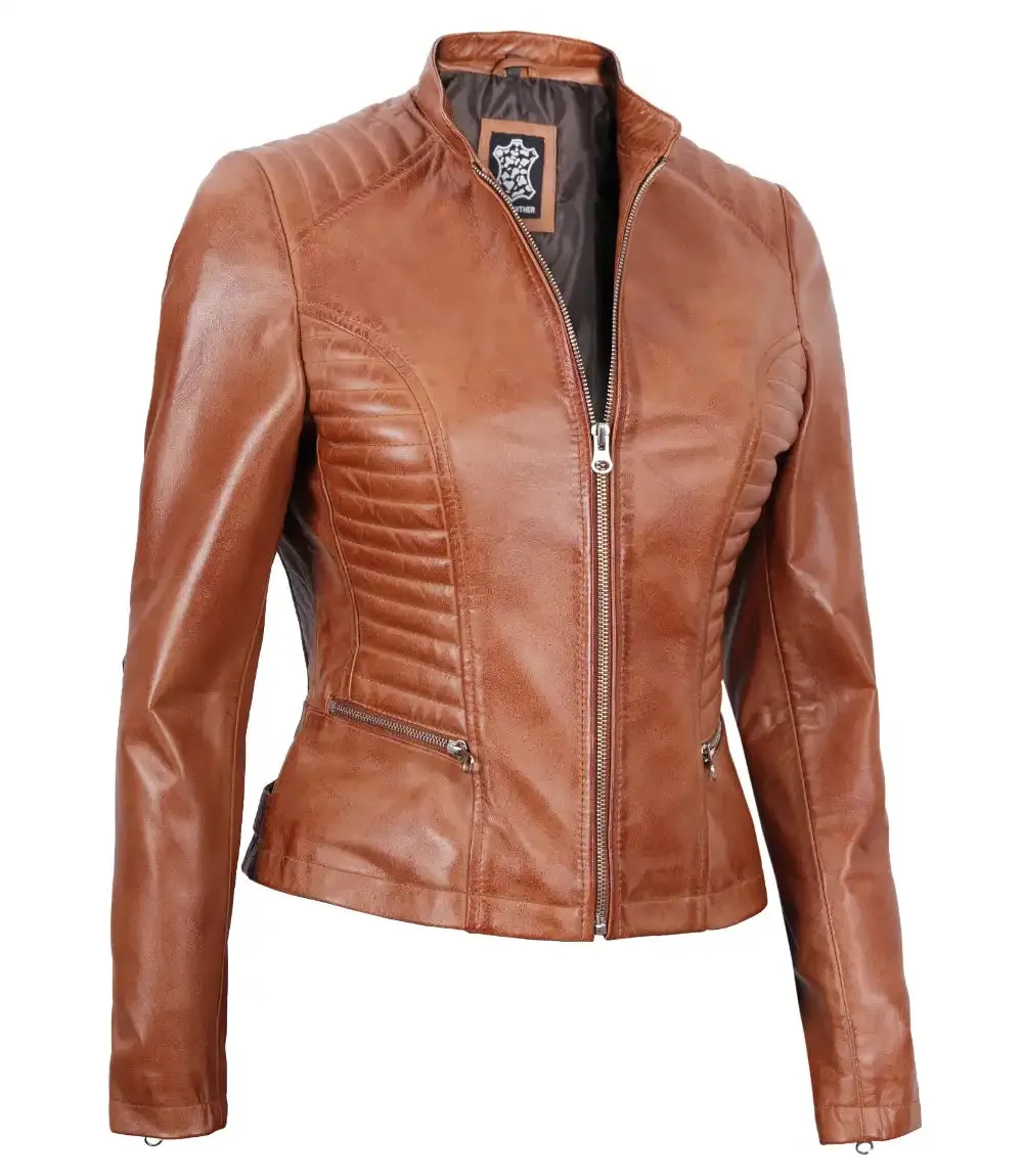 Rachel Womens Tall Tan Cafe Racer Leather Jacket