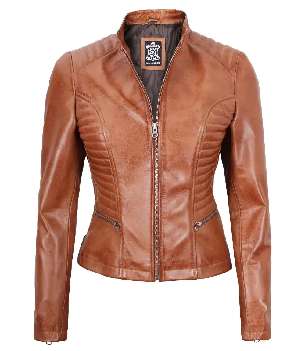 Rachel Womens Tall Tan Cafe Racer Leather Jacket