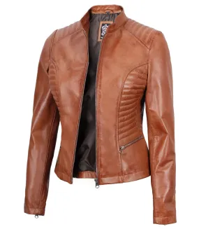 Rachel Womens Tall Tan Cafe Racer Leather Jacket